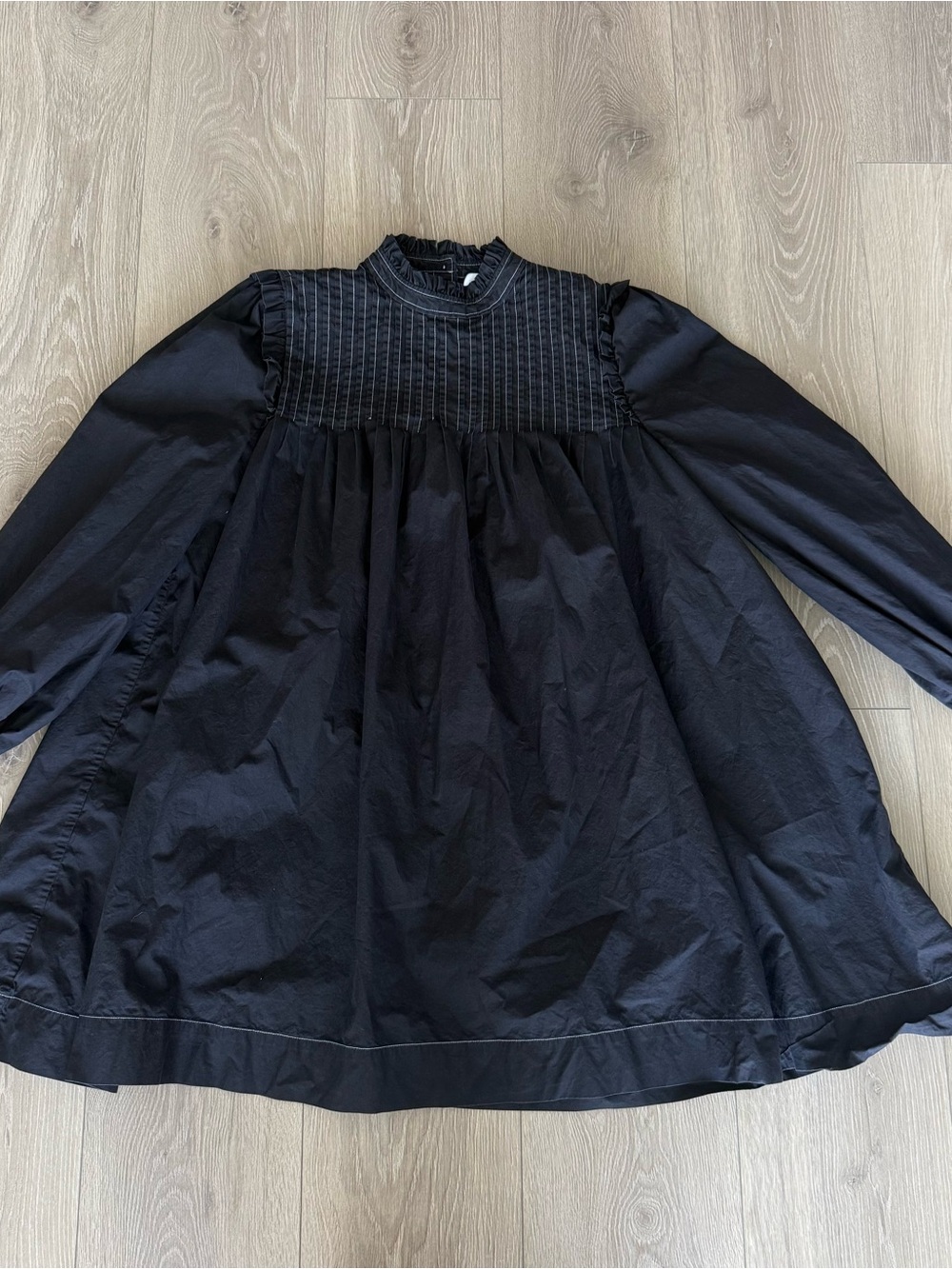 Ganni Black Long-Sleeve Smocked Yoke Dress